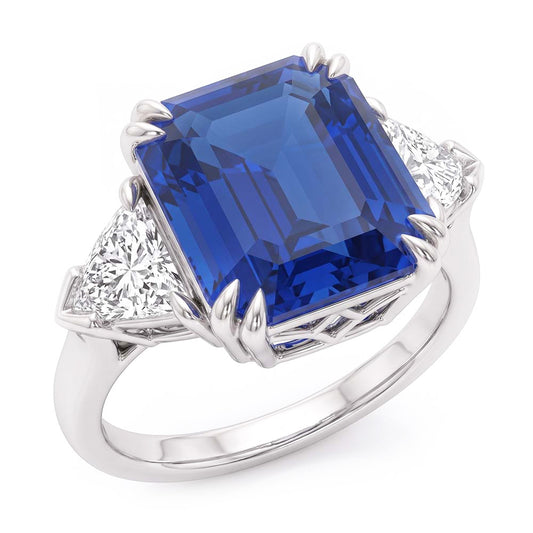 Anello in pietra preziosa zaffiro smeraldo 4 carati trilioni di diamanti 3 pietre d'oro