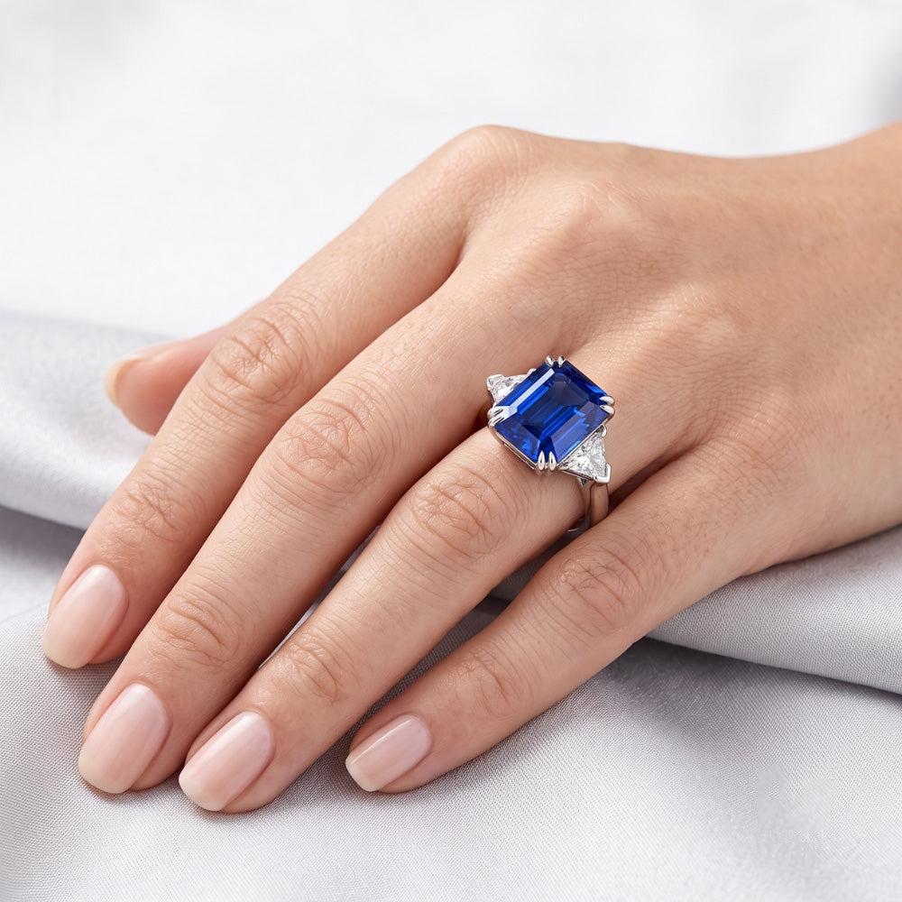 Anello in pietra preziosa zaffiro smeraldo 4 carati trilioni di diamanti 3 pietre d'oro