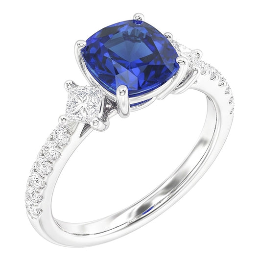 Anello in stile 3 pietre con zaffiro rotondo da 3 carati e cuscino con diamante Princess