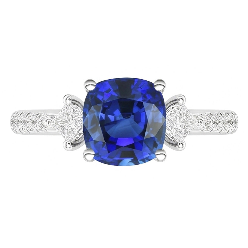 Anello in stile 3 pietre con zaffiro rotondo da 3 carati e cuscino con diamante Princess