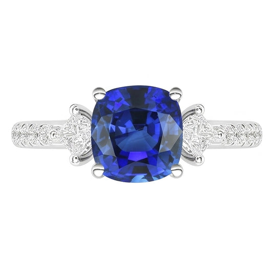 Anello in stile 3 pietre con zaffiro rotondo da 3 carati e cuscino con diamante Princess