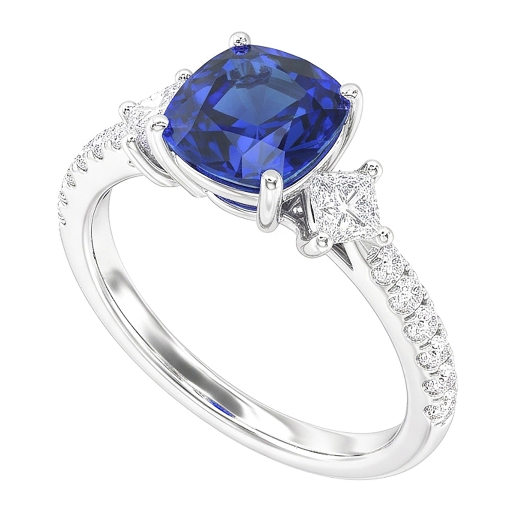 Anello in stile 3 pietre con zaffiro rotondo da 3 carati e cuscino con diamante Princess
