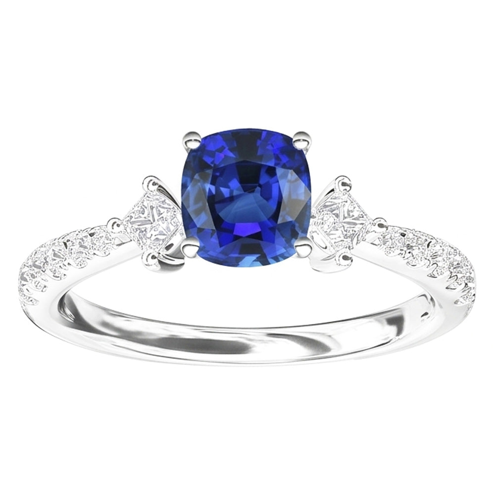 Anello in stile 3 pietre con zaffiro rotondo da 3 carati e cuscino con diamante Princess
