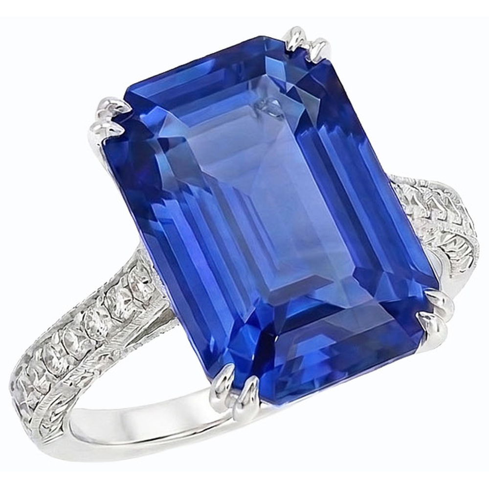 Anello in stile Antico Diamanti Naturali Autentici ( non creati in laboratorio ) Zaffiro Blu Smeraldo 8 Carati Accentati Oro Bianco 14K