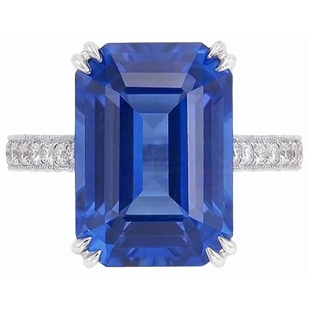 Anello in stile Antico Diamanti Naturali Autentici ( non creati in laboratorio ) Zaffiro Blu Smeraldo 8 Carati Accentati Oro Bianco 14K