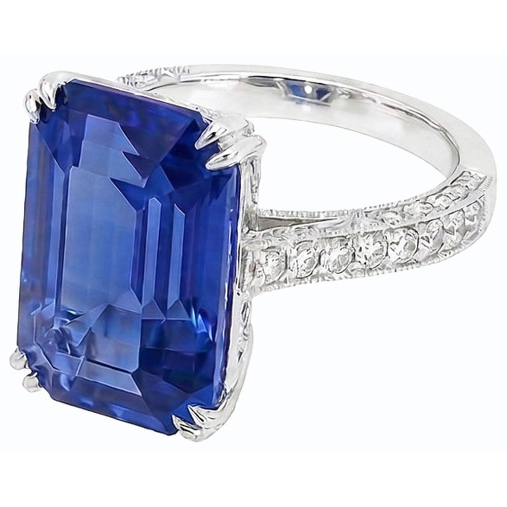 Anello in stile Antico Diamanti Naturali Autentici ( non creati in laboratorio ) Zaffiro Blu Smeraldo 8 Carati Accentati Oro Bianco 14K