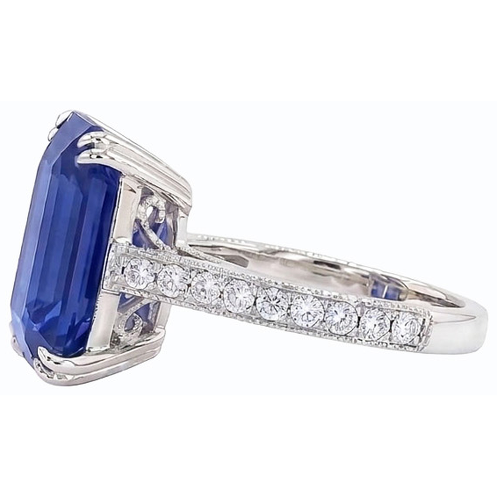 Anello in stile Antico Diamanti Naturali Autentici ( non creati in laboratorio ) Zaffiro Blu Smeraldo 8 Carati Accentati Oro Bianco 14K