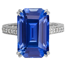 Anello in stile Antico Diamanti Zaffiro Blu Smeraldo 8 Carati Accentati Oro Bianco 14K