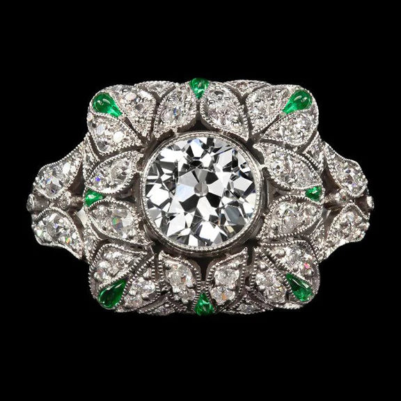 Anello in stile antico Art Déco smeraldo con diamante a taglio rotondo gioielli da 4 carati Nuovo