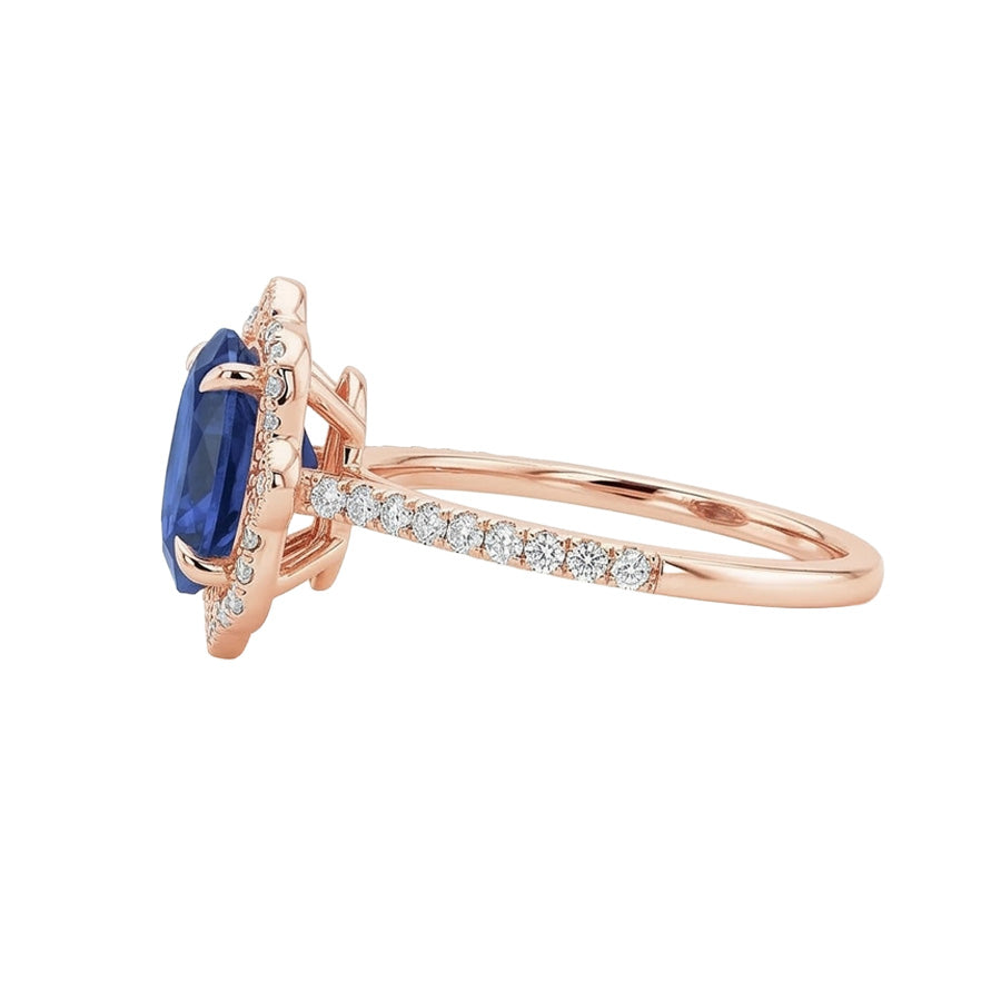 Anello in stile antico con diamante Halo in stile fiore con zaffiro blu 6.20 carati