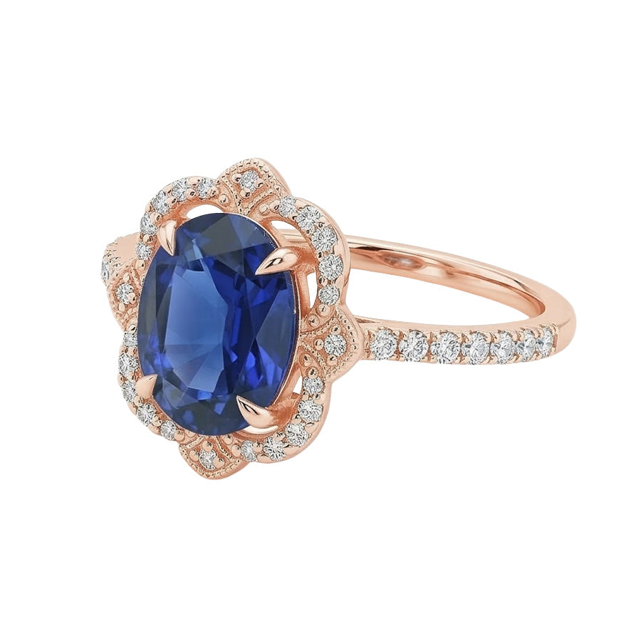 Anello in stile antico con diamante Halo in stile fiore con zaffiro blu 6.20 carati
