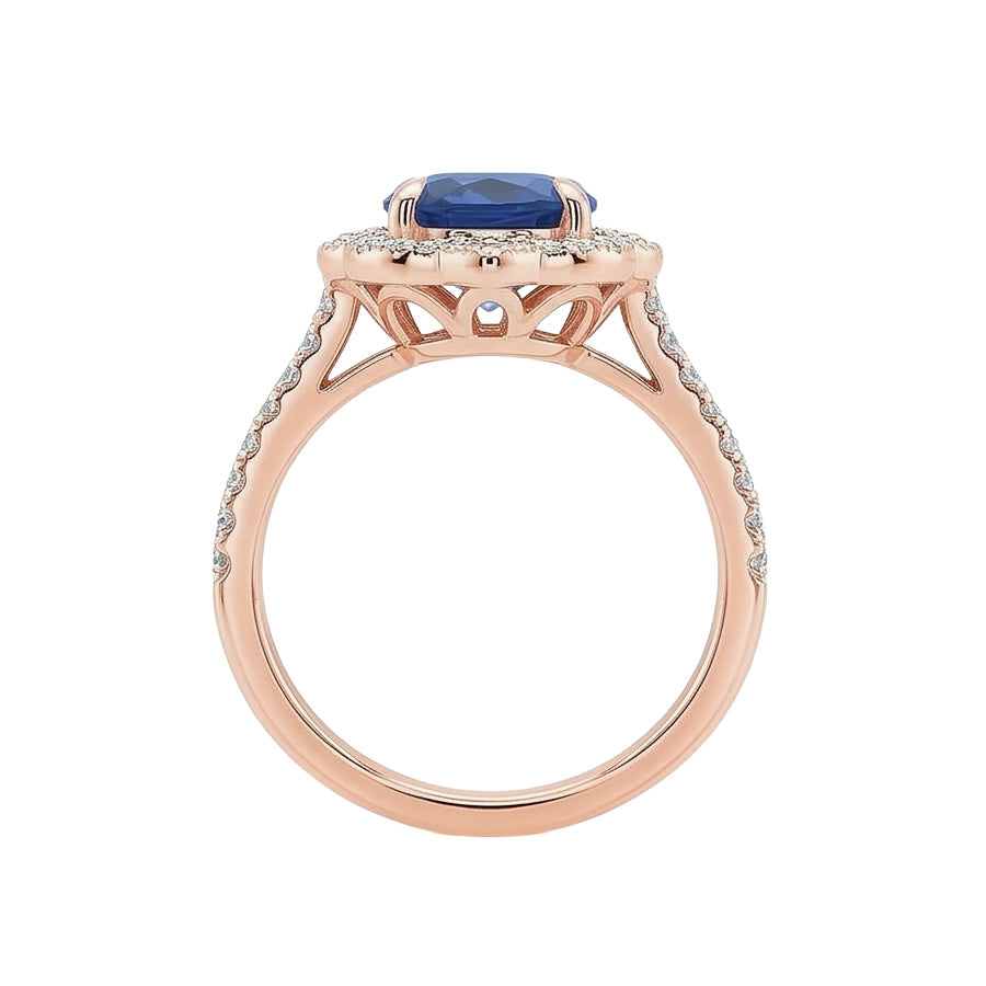 Anello in stile antico con diamante Halo in stile fiore con zaffiro blu 6.20 carati