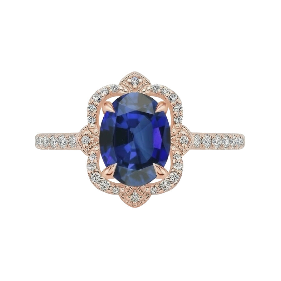 Anello in stile antico con diamante Halo in stile fiore con zaffiro blu 6.20 carati