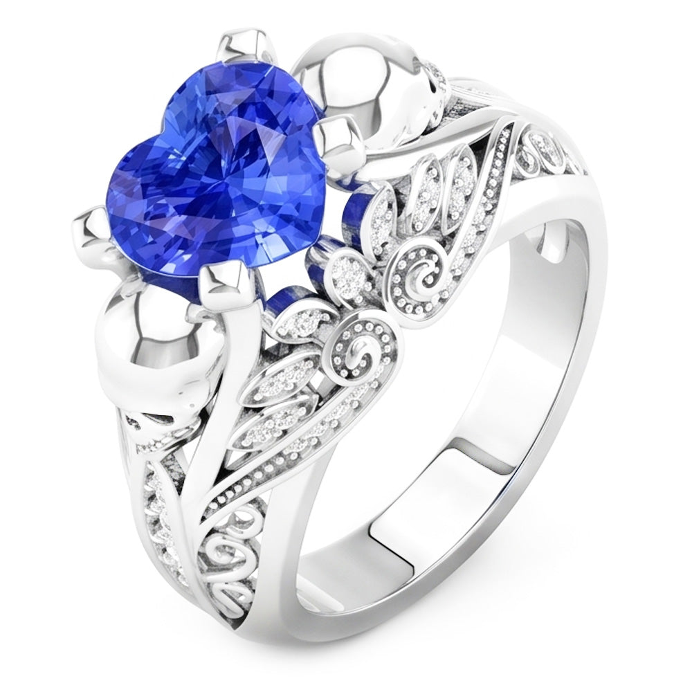Anello in stile antico con diamanti zaffiro blu cuore 2 carati in oro bianco 14K