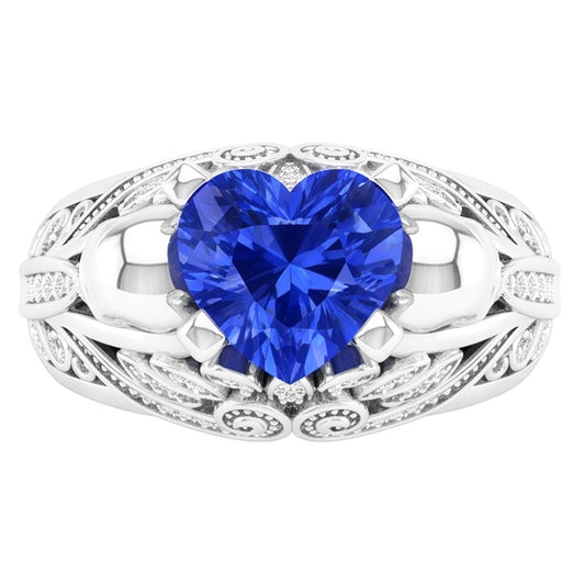 Anello in stile antico con diamanti zaffiro blu cuore 2 carati in oro bianco 14K