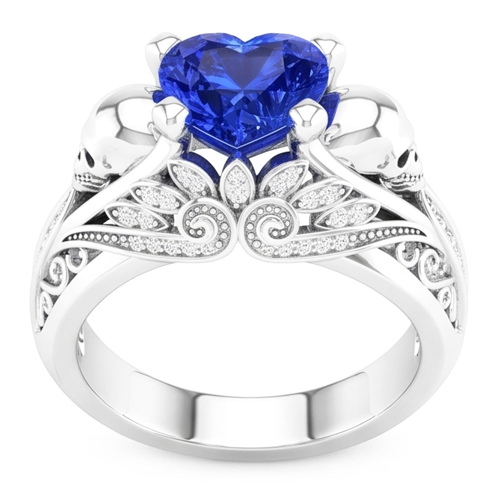 Anello in stile antico con diamanti zaffiro blu cuore 2 carati in oro bianco 14K
