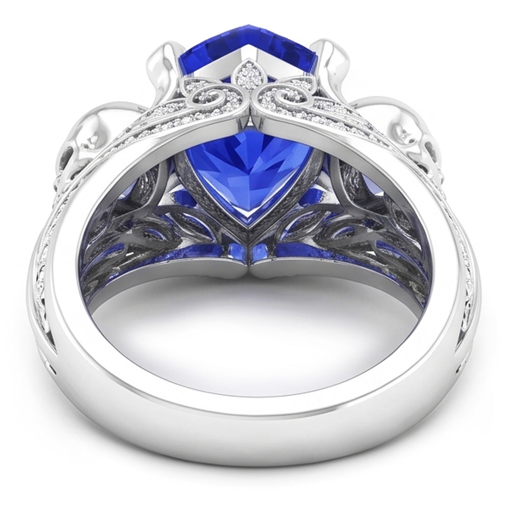Anello in stile antico con diamanti zaffiro blu cuore 2 carati in oro bianco 14K
