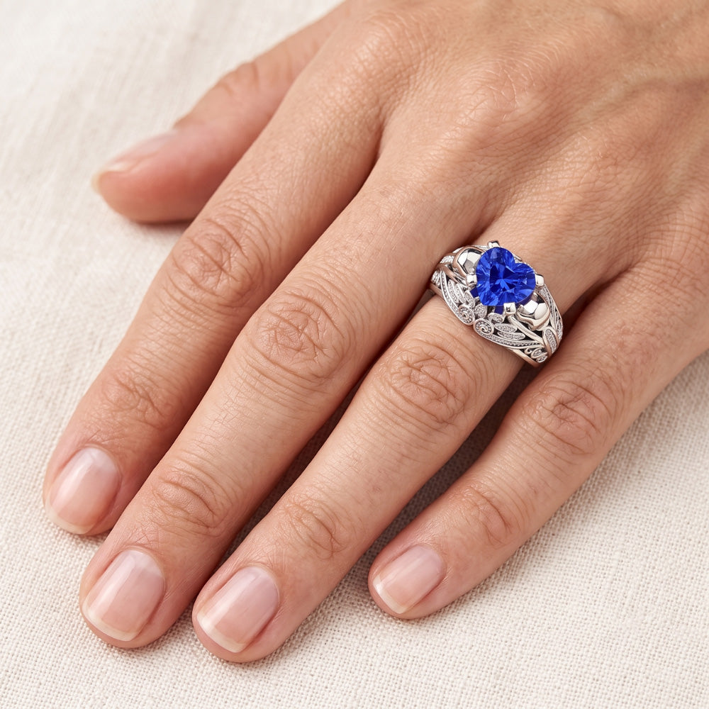 Anello in stile antico con diamanti zaffiro blu cuore 2 carati in oro bianco 14K