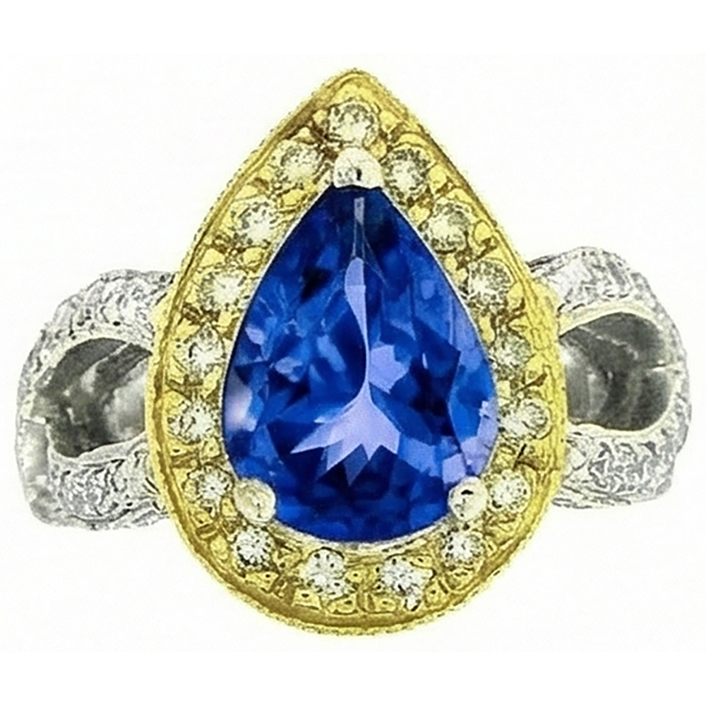 Anello in stile antico con tanzanite a pera e diamanti da 4,51 ct in oro bicolore