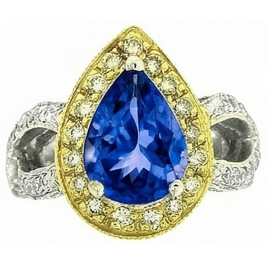 Anello in stile antico con tanzanite a pera e diamanti da 4,51 ct in oro bicolore