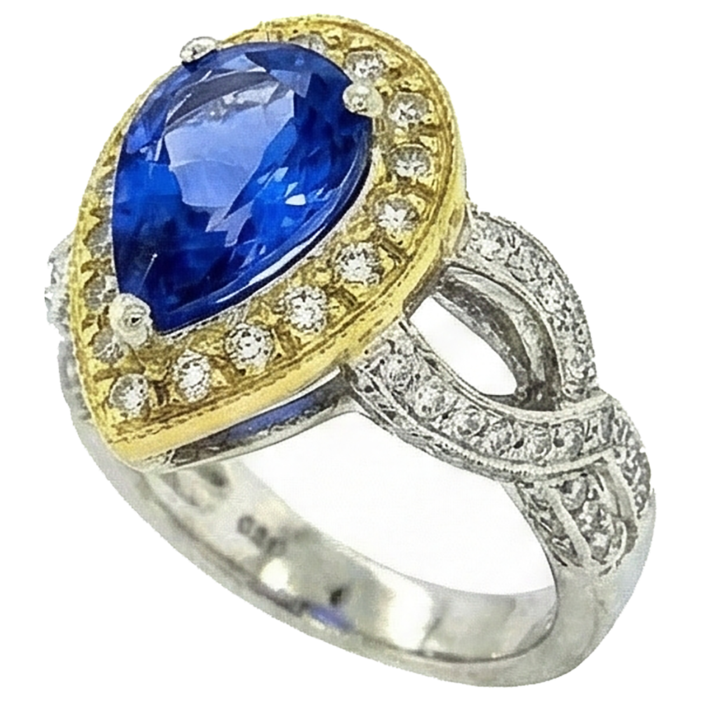 Anello in stile antico con tanzanite a pera e diamanti da 4,51 ct in oro bicolore