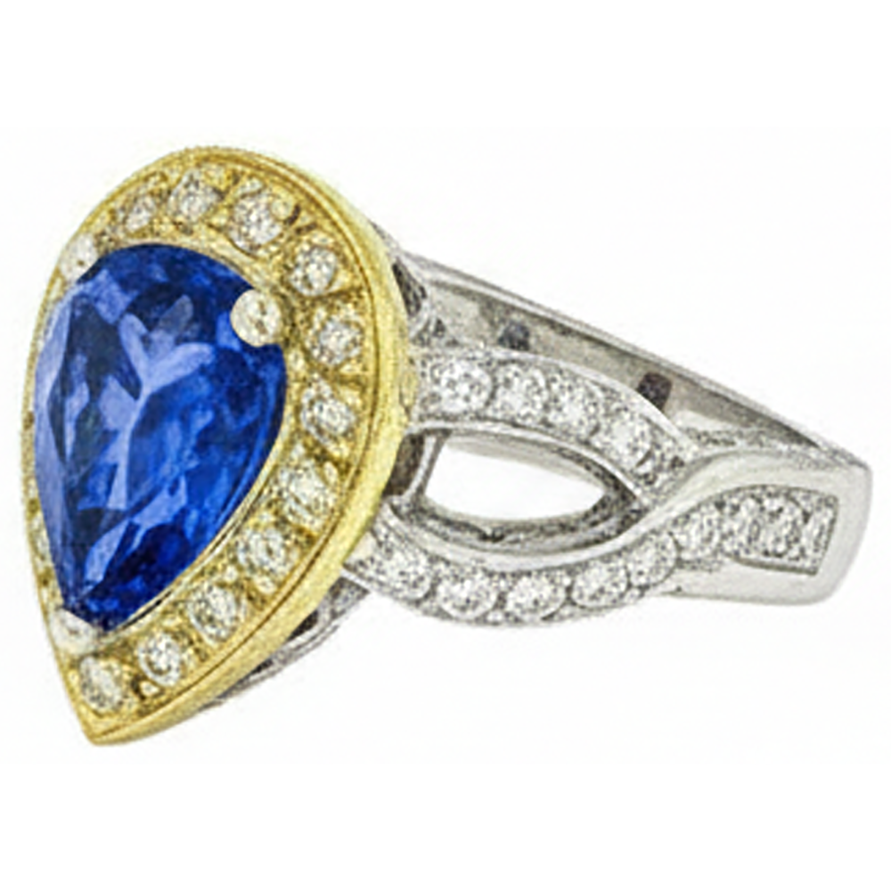 Anello in stile antico con tanzanite a pera e diamanti da 4,51 ct in oro bicolore