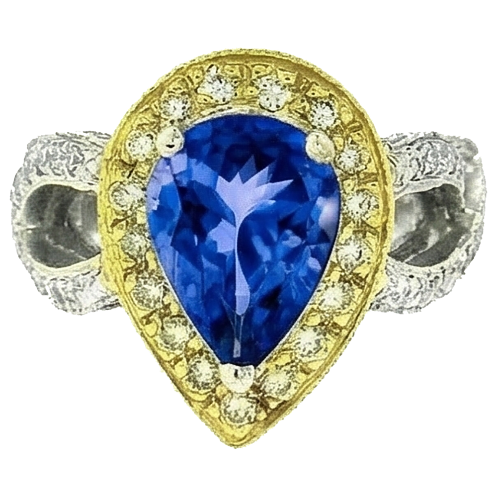 Anello in stile antico con tanzanite a pera e diamanti da 4,51 ct in oro bicolore