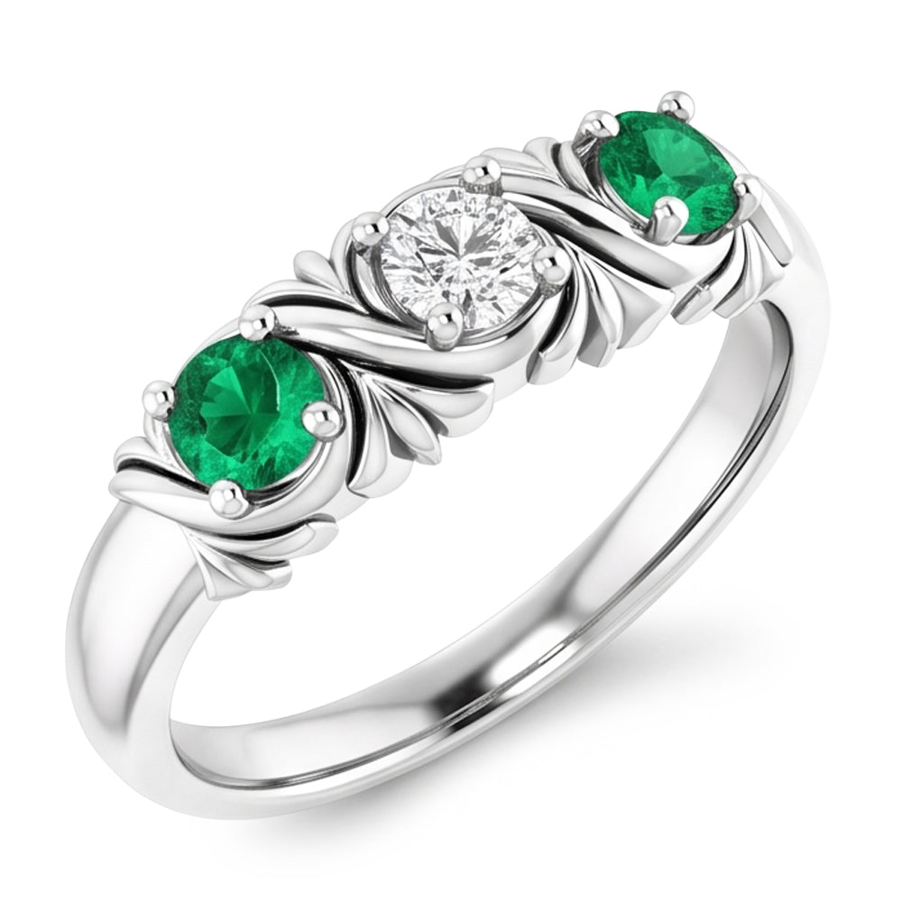 Anello in stile antico con tre pietre di diamanti 0,60 carati smeraldo con oro bianco 14 carati