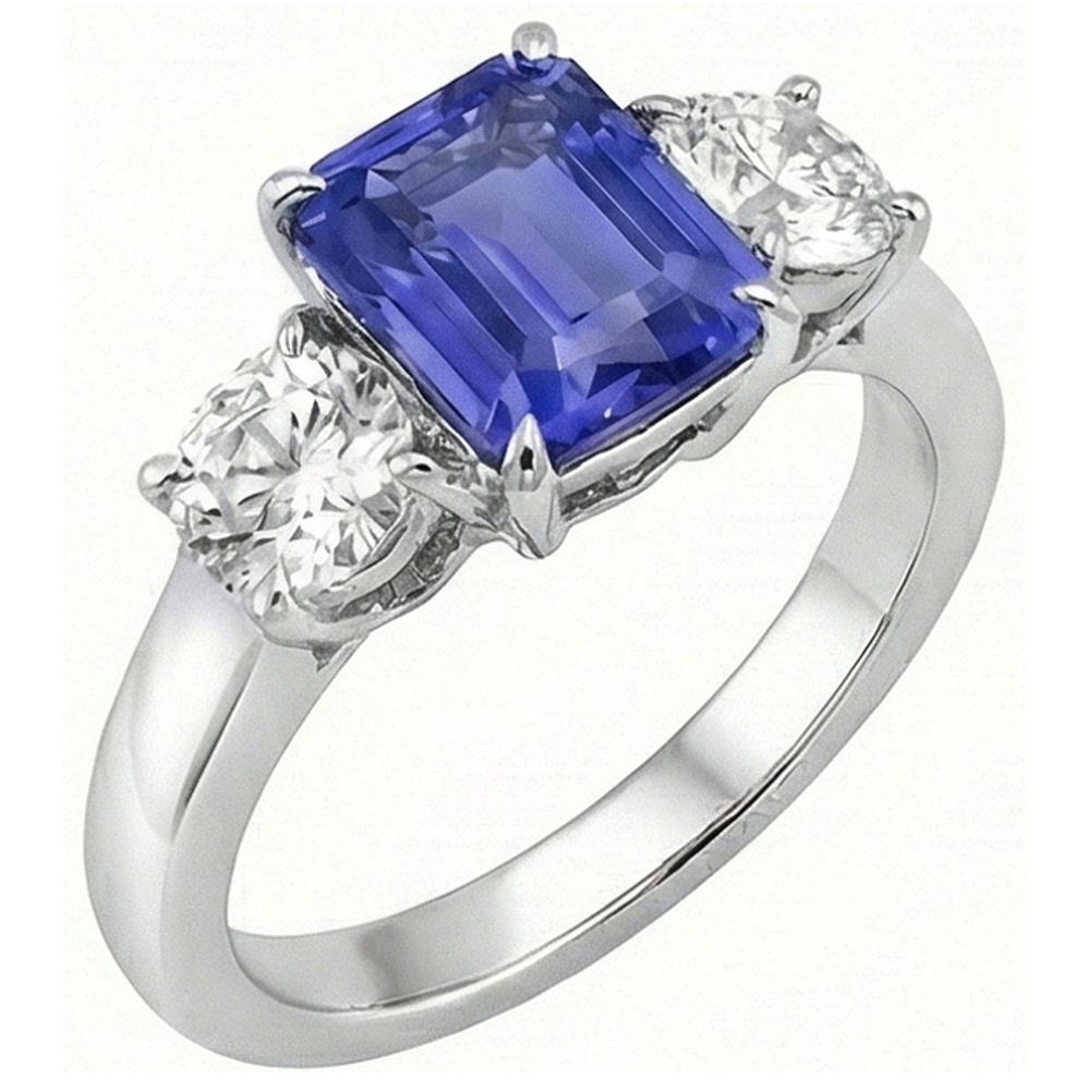 Anello in stile antico con tre pietre di zaffiro smeraldo di Ceylon a 3 carati