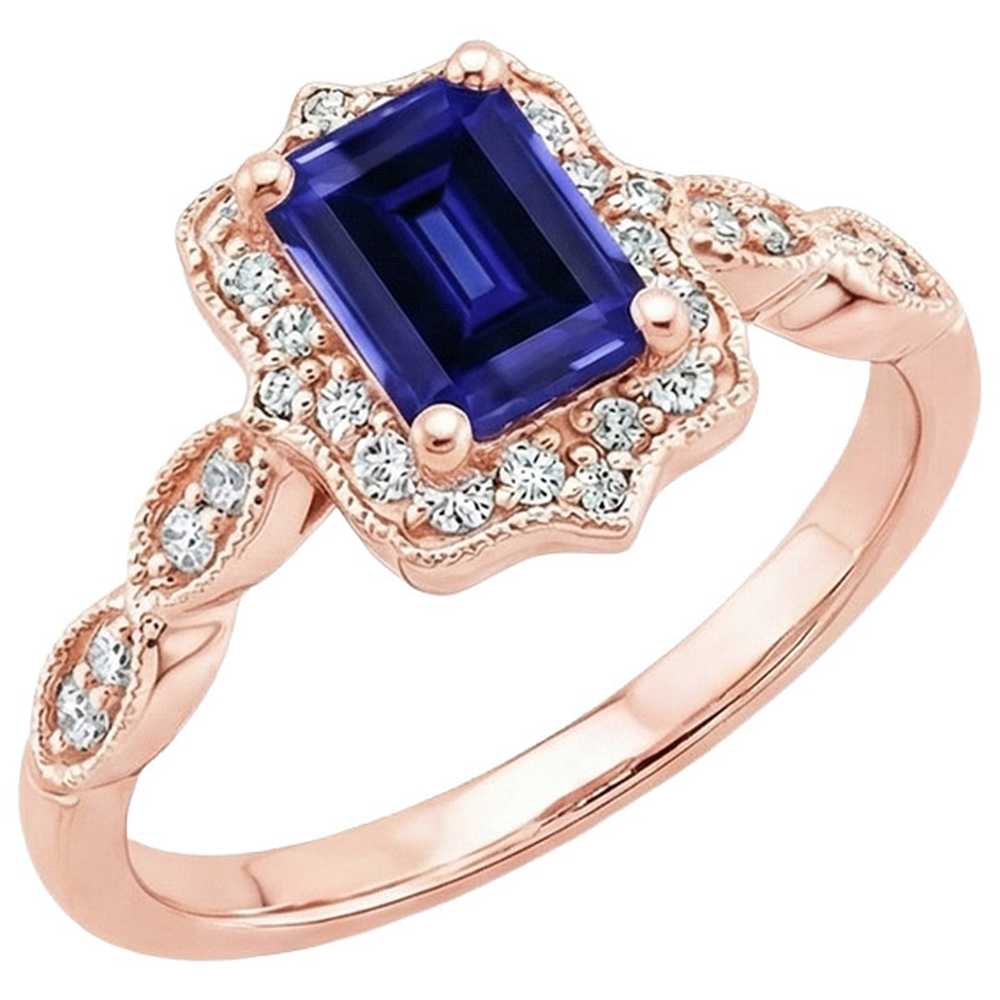 Anello in stile antico con zaffiro blu e diamante con pietra preziosa 3 carati