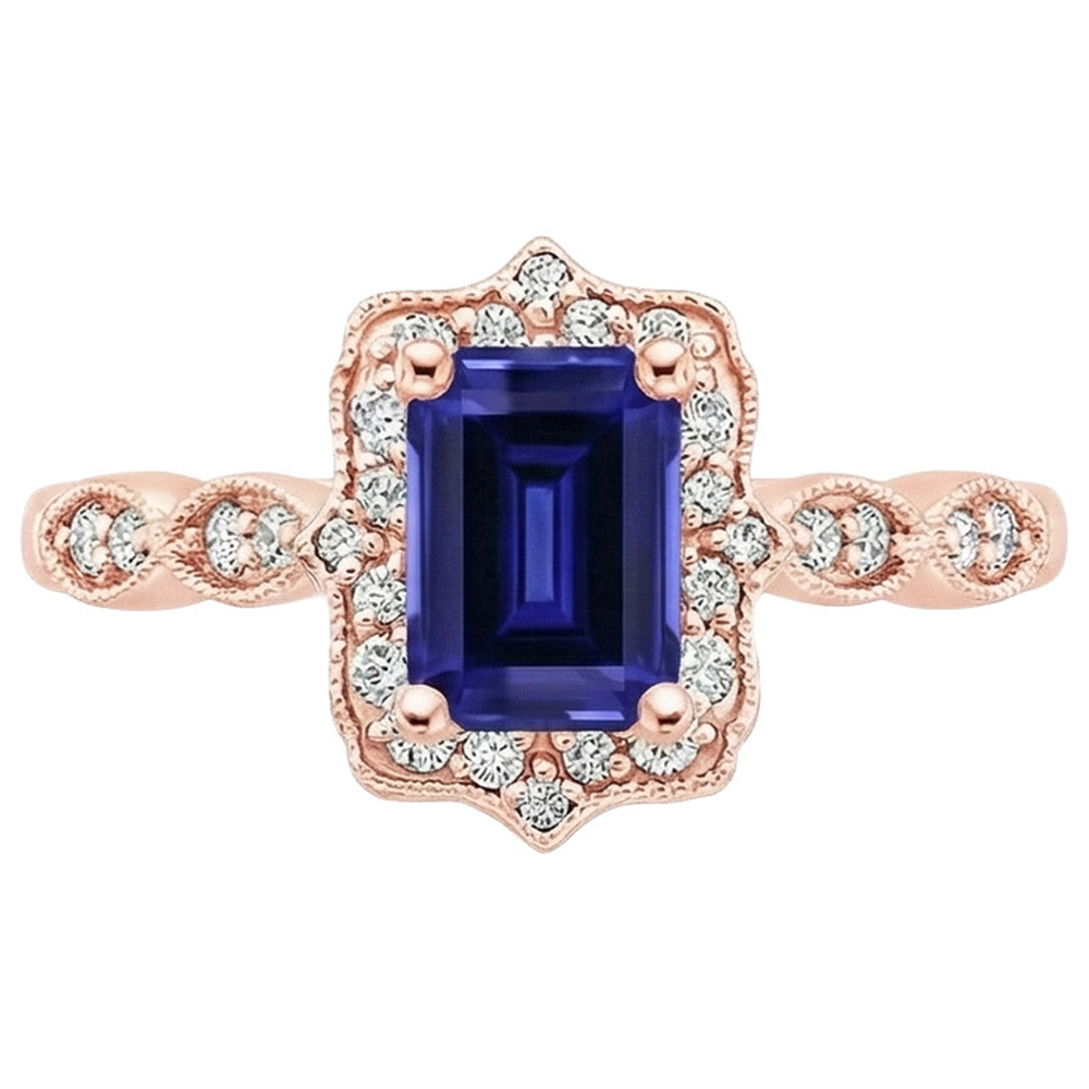 Anello in stile antico con zaffiro blu e diamante con pietra preziosa 3 carati