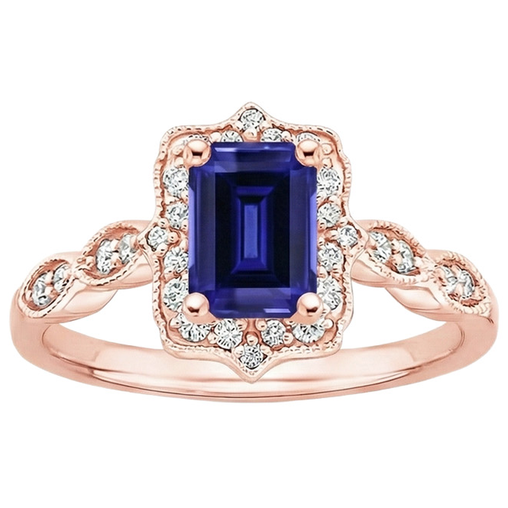 Anello in stile antico con zaffiro blu e diamante con pietra preziosa 3 carati