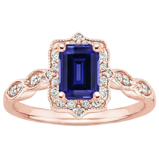 Anello in stile antico con zaffiro blu e diamante con pietra preziosa 3 carati