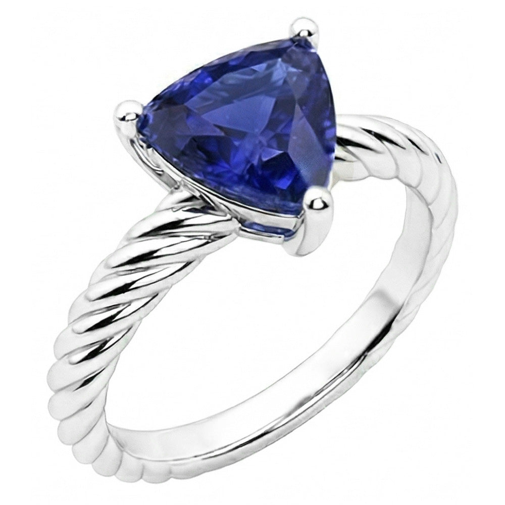 Anello in stile corda solitario trilioni di zaffiro blu intenso da 1 carato con oro bianco 14K