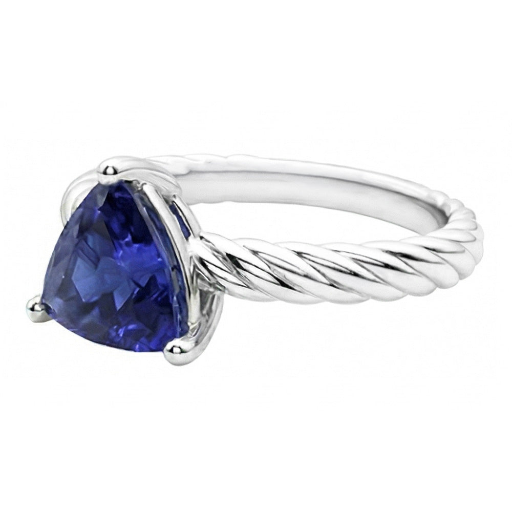 Anello in stile corda solitario trilioni di zaffiro blu intenso da 1 carato con oro bianco 14K