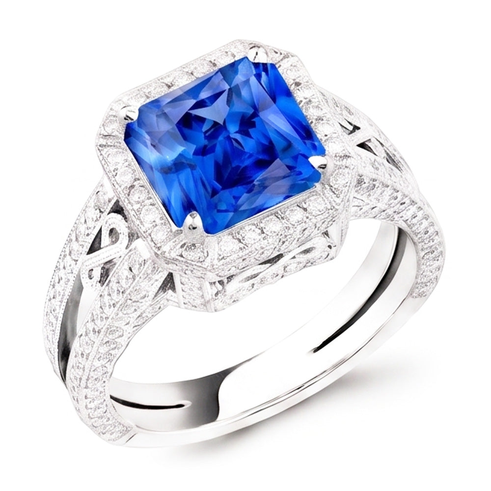Anello in stile vintage Halo con zaffiro Srilanka Milgrain 3 carati con gambo diviso