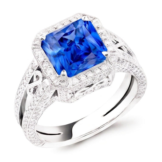 Anello in stile vintage Halo con zaffiro Srilanka Milgrain 3 carati con gambo diviso