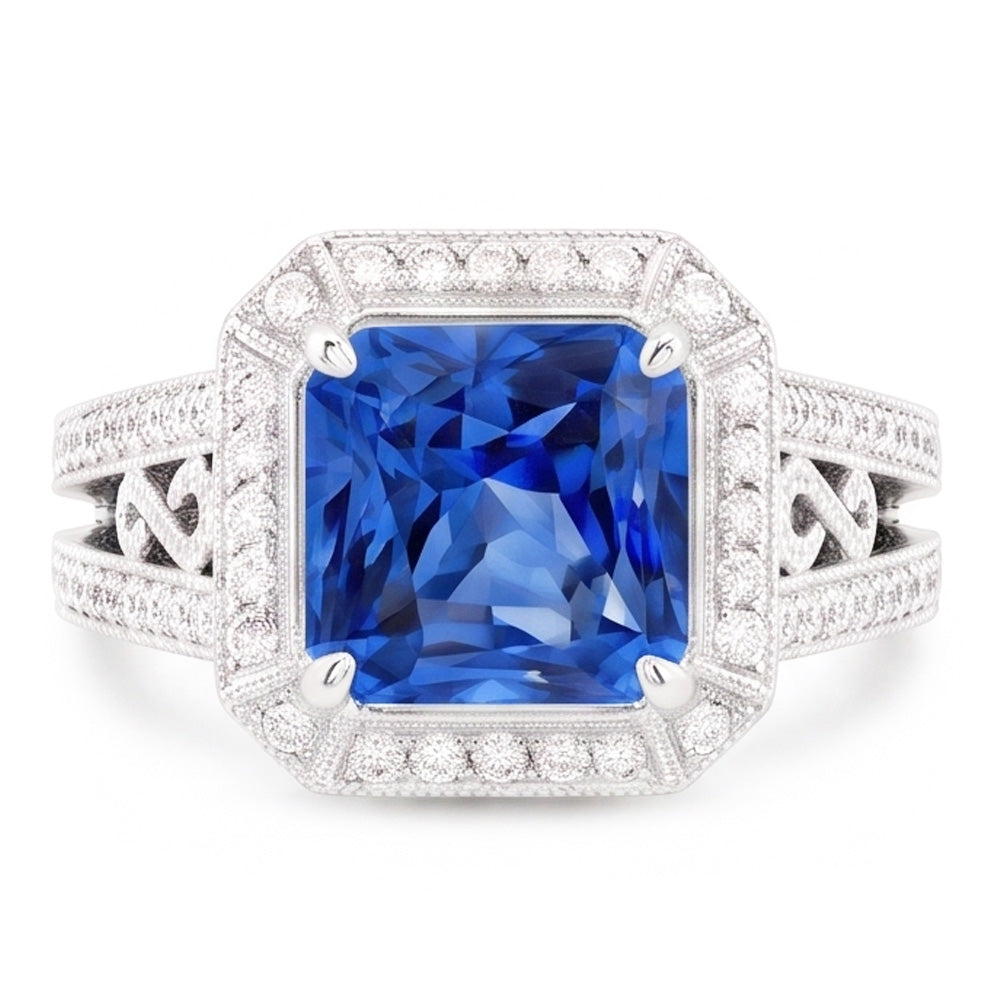 Anello in stile vintage Halo con zaffiro Srilanka Milgrain 3 carati con gambo diviso