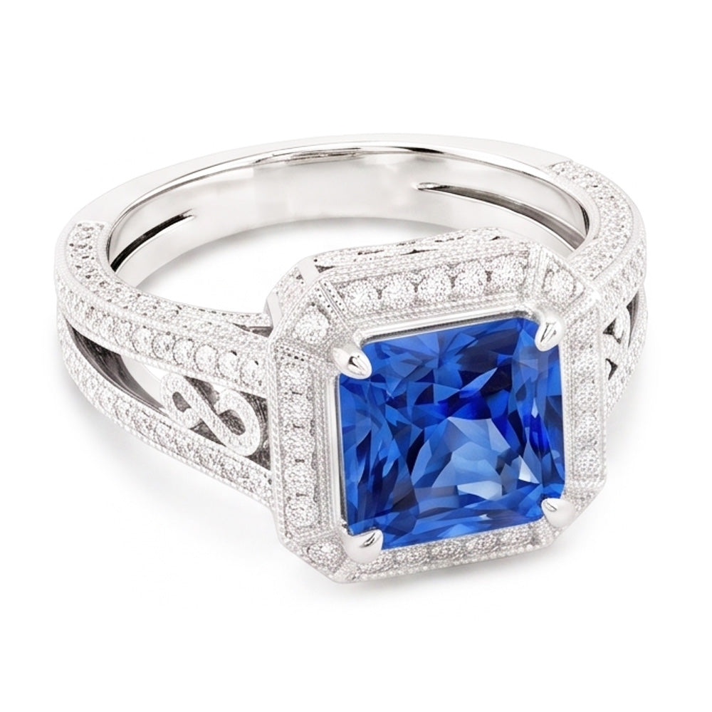 Anello in stile vintage Halo con zaffiro Srilanka Milgrain 3 carati con gambo diviso