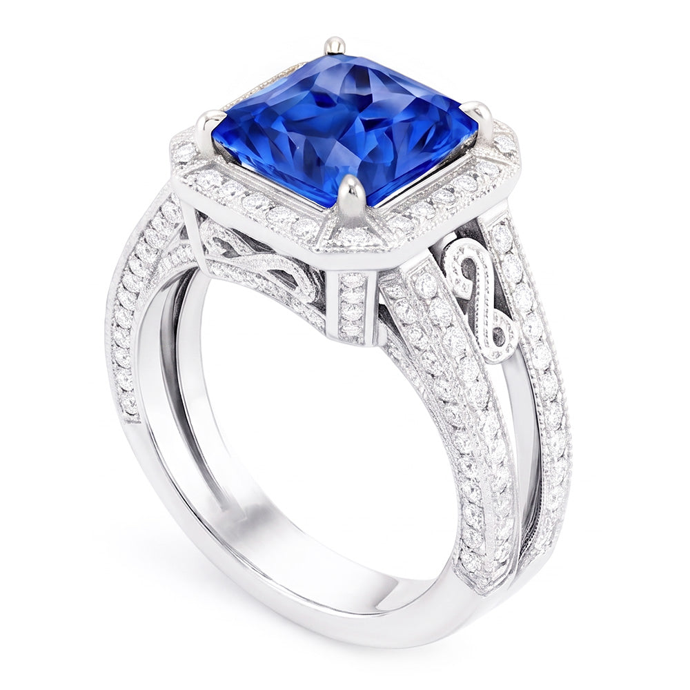 Anello in stile vintage Halo con zaffiro Srilanka Milgrain 3 carati con gambo diviso