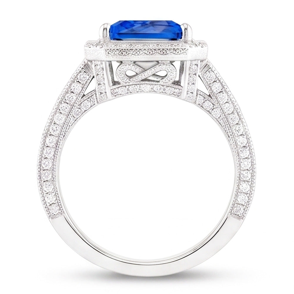 Anello in stile vintage Halo con zaffiro Srilanka Milgrain 3 carati con gambo diviso