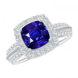 Anello in stile vintage con zaffiro blu da 3,25 carati e diamanti in oro bianco 14K