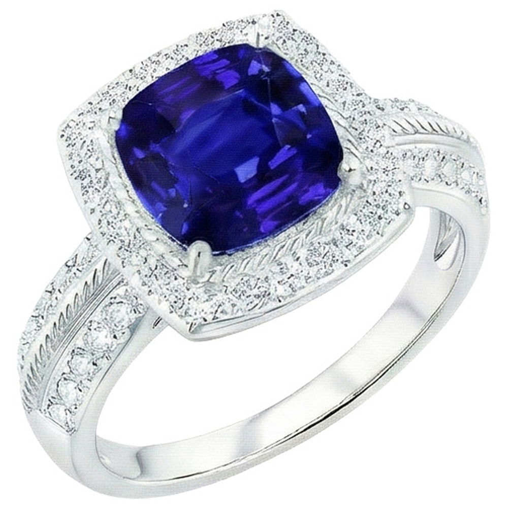 Anello in stile vintage con zaffiro blu da 3,25 carati e diamanti in oro bianco 14K