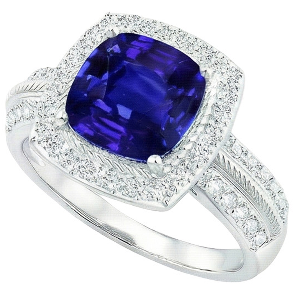 Anello in stile vintage con zaffiro blu da 3,25 carati e diamanti in oro bianco 14K