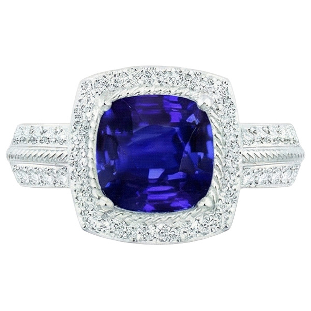 Anello in stile vintage con zaffiro blu da 3,25 carati e diamanti in oro bianco 14K