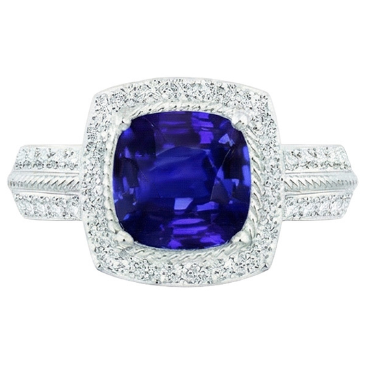 Anello in stile vintage con zaffiro blu da 3,25 carati e diamanti in oro bianco 14K