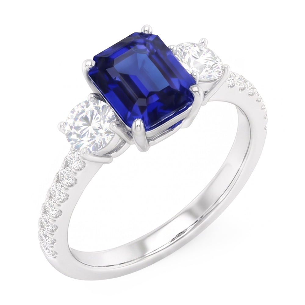 Anello in stile zaffiro blu smeraldo con 3 pietre con accenti in oro 7 ct 14k