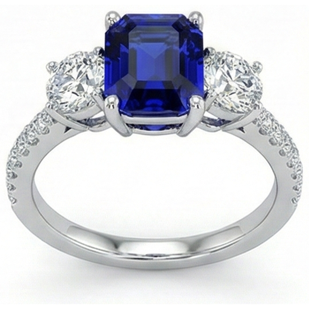 Anello in stile zaffiro blu smeraldo con 3 pietre con accenti in oro 7 ct 14k