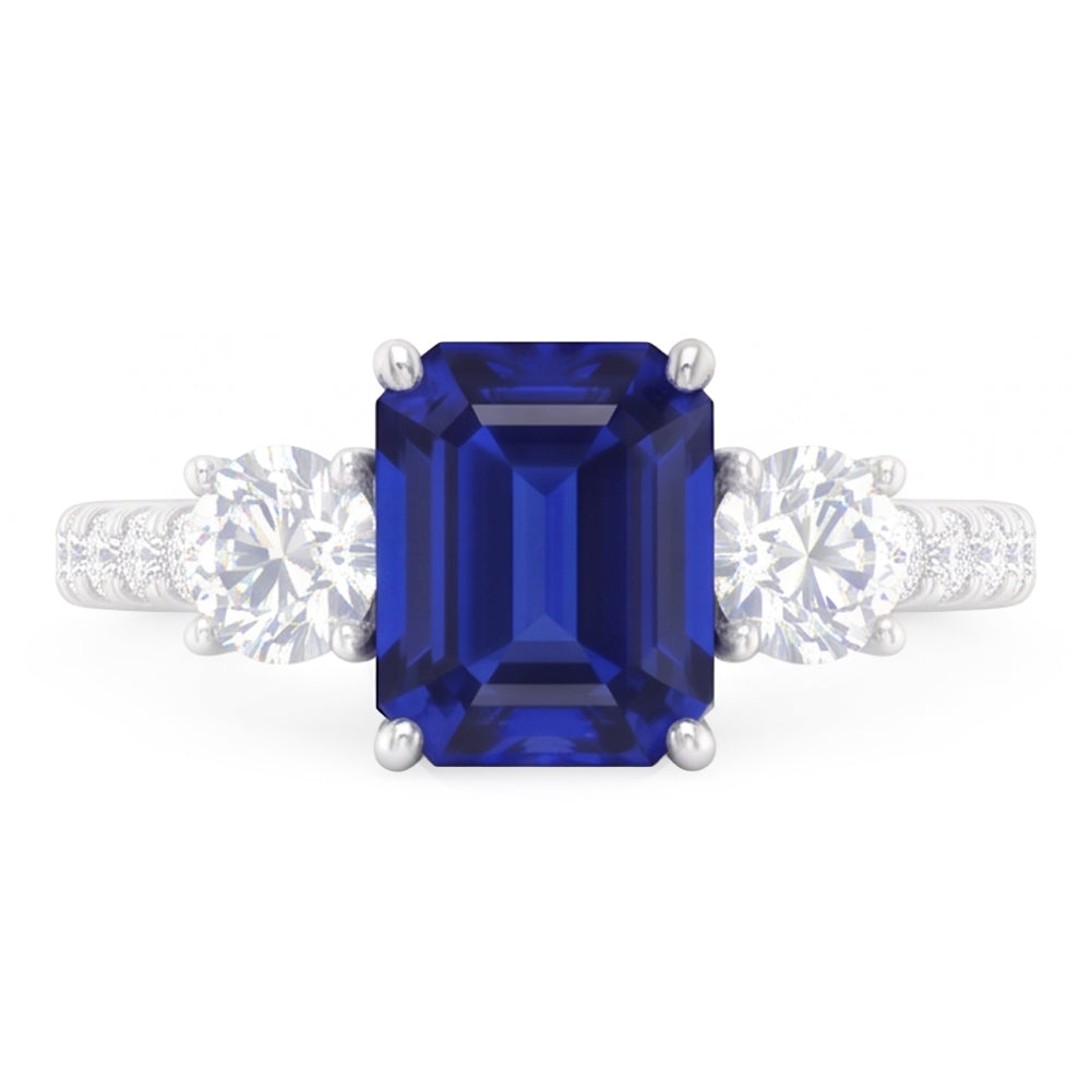 Anello in stile zaffiro blu smeraldo con 3 pietre con accenti in oro 7 ct 14k
