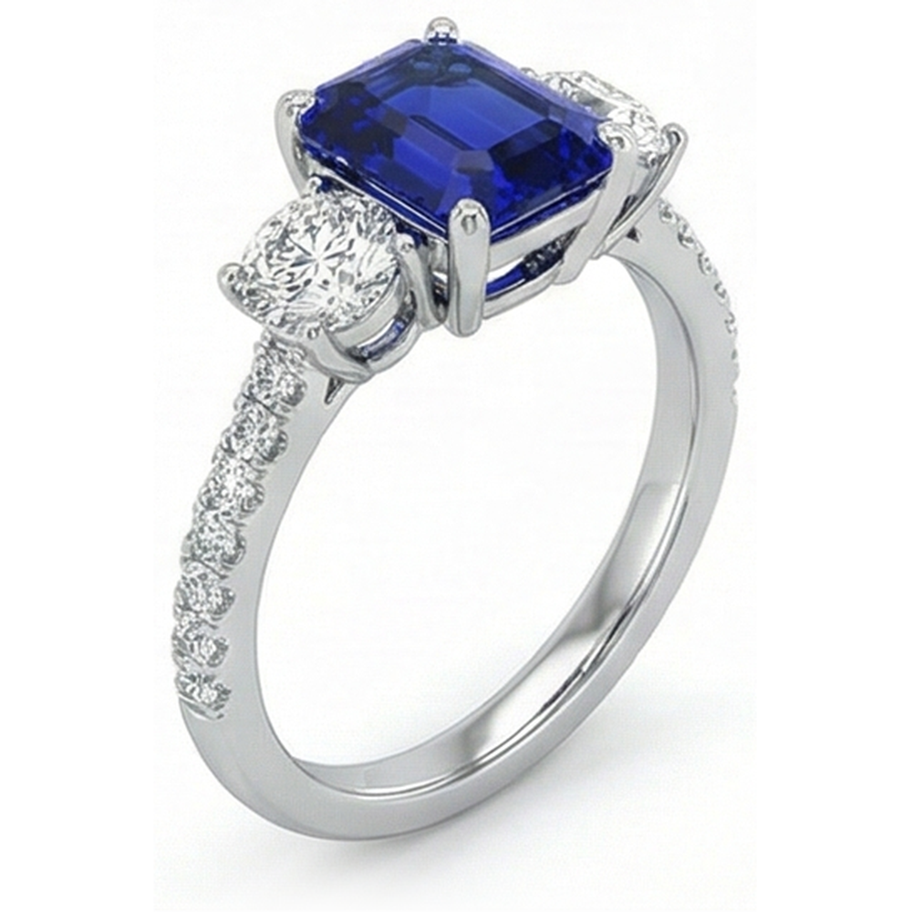 Anello in stile zaffiro blu smeraldo con 3 pietre con accenti in oro 7 ct 14k
